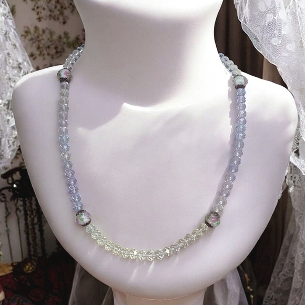 Handcrafted Faceted Crystal Bead Necklace With Rose Floral Accent Beads